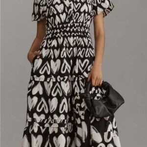 By Anthropologie The Somerset Maxi Dress Black and White Hearts XLP